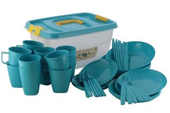Набор посуды для пикника на 6 персон из пластика голубой; П