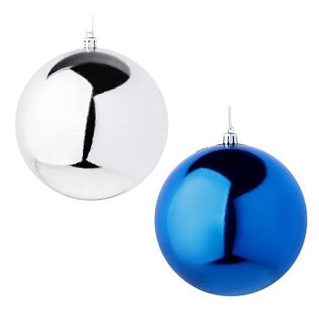 Шар новогодний 12см глянцевый синий серебро пластик; СНОУ БУМ, 372-420